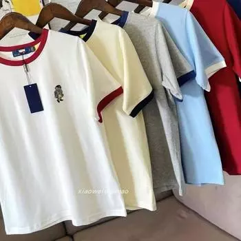 25a110. Американский медведь вышивка круглый вырез контрастный цвет хлопок летняя футболка с коротким рукавом Dark blue In Stock M