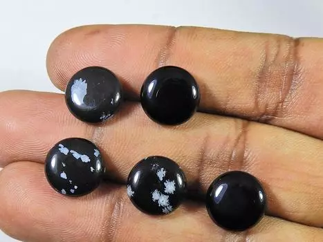 25Cts. Natural Snowflake Obsidian Round Cabochon Gemstone 05 Pcs Lot 12X12MM RQ-2010