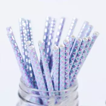 25Pcs/Pack Mermaid Straw Fish Scale Paper Disposable Food Grade Degradable Tableware For Birthday Party Drinking Festive Event Supplies фиолетовый