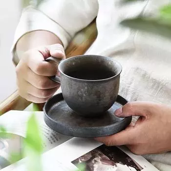 260 мл креативная ретро кружка с ложкой простая керамическая пара стакан для воды офисная японская керамическая чашка для кофе ручной работы с блюдцем 201-300ml