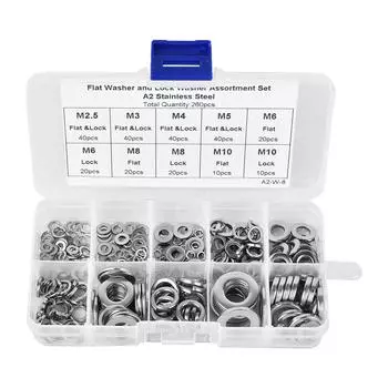 260PCS Stainless Steel Flat Washer Spring Washer Assortment Set M2.5 M3 M4 M5 M6 M8 M10