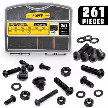 261Pcs M6 Push-Button Hex Screw, Black Oxide, Allen Drive, Hex Screw, Nut, Washer Sorting Kit, For Wood, Bicycle Repair