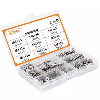 265Pcs Cross Countersunk Head Self-Tapping Screw Set 304 Stainless Steel Flat Head Cross Self-Tapping Screw Set GB846 265pcs
