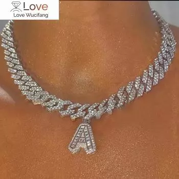 26 Багет Буква Хип-Хоп Инициал Ожерелье Из Нержавеющей Стали Ювелирные Изделия Iced Out Кубинские Связи Цепи Мужское Ожерелье Для Женщин Рождество 45cm золотой