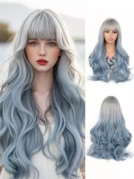 26 дюймов Большие волнистые серые градиентные дымчатые синие парики с челкой для женщин для вечеринок, музыкальных фестивалей и повседневного использования
