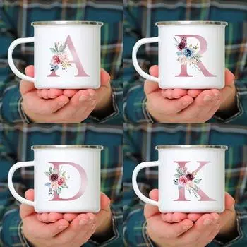 26 инициалов розовые буквы цветы печать эмалированная кружка кофейные кружки чашки для кофе и чая необычная чайная чашка персонализированный подарок чашка 1pcs