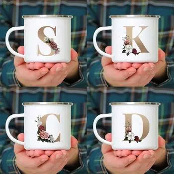 26 кружек с буквами А-Я Glod Letter, эмалированная кружка с принтом, кофейная чашка, посуда для напитков, персонализированный подарок, необычная чайная чашка, чашки, индивидуальные чашки 1pcs