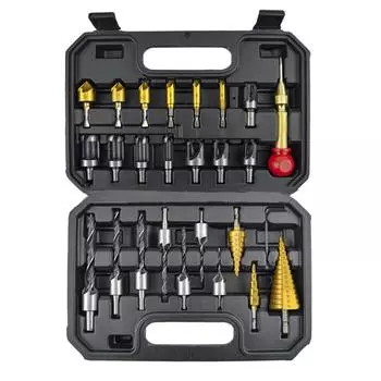 26 шт., деревообрабатывающее ступенчатое сверло, трехточечная потайная деревянная заглушка, сверло для снятия фаски, центральный пуансон, позиционер, набор инструментов для открывания отверстий 26pcs