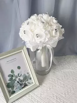 26 см искусственные розы из полиэтилена свадебный букет для невесты подружки невесты с бриллиантовыми мягкими лентами свадебный букет для невесты с цветами в руках для свадебной вечеринки бежевый