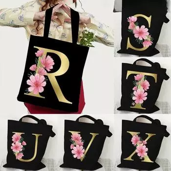 26 золотых сумок-тоут с цветочным принтом в виде алфавита для женщин, большая вместимость, повседневная холщовая сумка с новым цветочным принтом в виде алфавита, женская многоразовая сумка