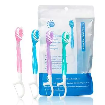 26Pcs 5 in 1 Mini Travel Toothbrushes Oral Care Soft Toothbrush with Freshening Bead with Floss&Toothpaste&Tongue Scraper