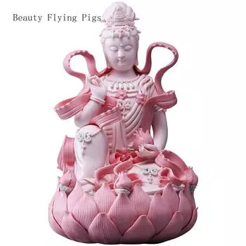 26x17x17cm Chinese high-end ceramic ribbon Guanyin Buddha statue home offering Guanyin Bodhisattva ornaments feng shui