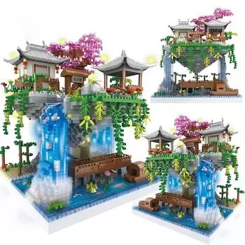 2705 шт. Древняя архитектура, пруд с цветущими персиками, замок со светом, строительные блоки, набор для сборки, алмазные кирпичные игрушки, детские подарки with light strap