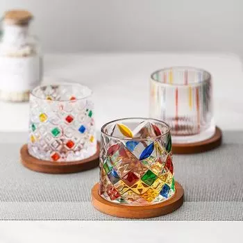 275 мл окрашенный стеклянный стакан для виски с вращающейся подставкой из дерева, старинные декомпрессионные чашки для кофе, молока, коктейлей, чая, вина