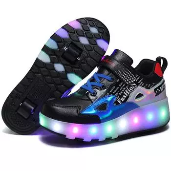 27-43 Съемные колеса для мальчиков/девочек Двойные колеса Светящиеся кроссовки Можно заряжать Кроссовки для катания на роликах Детские ботинки для катания на роликах 30 чёрный/красный