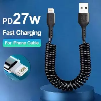 27 Вт USB-кабель для передачи данных с пружинным разъемом, пружинный телескопический кабель для быстрой зарядки, USB-кабели для iPhone 14, 13, 12, 11 Pro Max, автомобильное зарядное устройство, аксессуары 1.2M