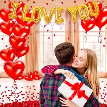 27pcs Gold I love you heart shaped balloons set with rose petals for Valentine s Day party decoration, wedding, anniversary Other