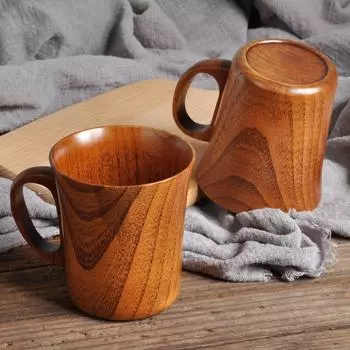 280ml Large Wooden Mug With Handle Natural Wood Beer Coffee Cup Handmade Tea Cup New Japanese Retro Drinking Drinkware 2024