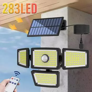 283 светодиодных солнечных уличных светильника, прожектор с датчиком движения, с дистанционным управлением и 5-метровым удлинителем, 3 режима, для патио, гаража