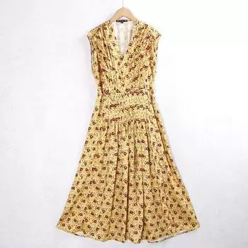 285 400 Pleated Dress V-neck Imitation Silk Surface Slimming Printed Sleeveless A- line Skirt Sleeveless Elegant Dress Export Tail Yellow printing XS