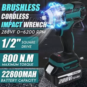 288VF Бесщеточный электрический ударный гайковерт, литий-ионный аккумулятор 1/2, 6200 об/мин, 800 Нм, динамометрический ключ, 110–240 В 1 Battery