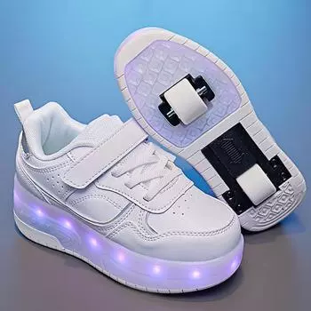 28-38 Детские Большие Размеры Два Колеса Разобранные На Плоские Спортивные Туфли Светодиодная Подсветка Спортивная Обувь Детская Обувь Бордовые Туфли 28 белый