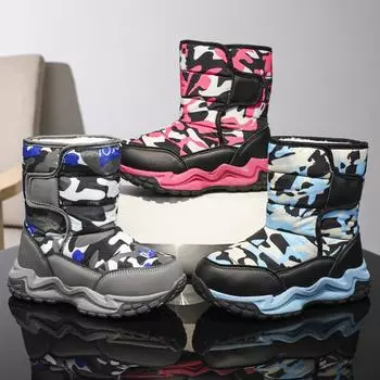 28-38 детские зимние плюс плюшевые теплые и модные уличные высокие зимние ботинки повседневные спортивные хлопковые ботинки 28 камуфляжный/синий