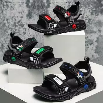 28-39 Детские противоскользящие и износостойкие модные пляжные туфли на липучке, сандалии и тапочки 28 чёрный/красный