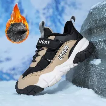 28-39 Детские зимние большие липучки с бархатом теплые модные спортивные и повседневные хлопковые ботинки зимние сапоги 28 хаки/чёрный