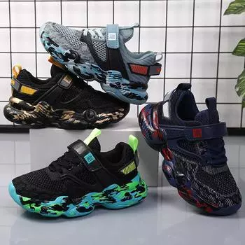 28-40 Детская противоскользящая износостойкая модная трендовая уличная летающая тканая обувь с низким вырезом для спорта и отдыха, кроссовки 28 чёрный/зелёный