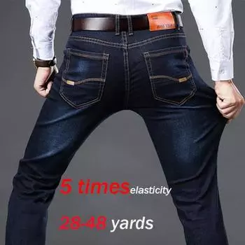 28-48 размер осень и зима мужские ультра-эластичные джинсы с эластичной свободной посадкой и прямые брюки из коровьей кожи размера плюс фат 32