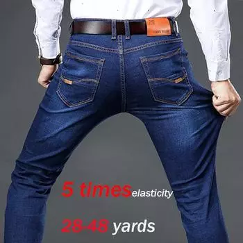 28-48 размер осень и зима мужские ультра-эластичные джинсы с эластичной свободной посадкой и прямые брюки из коровьей кожи размера плюс фат 28