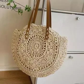 28/5000 Летняя круглая плетеная соломенная женская праздничная сумка, плетеная пляжная сумка, большая вместительная сумка через плечо, простая полая сумка 40*42cm хаки
