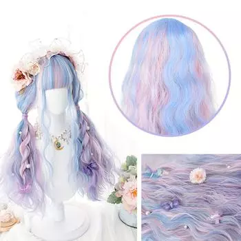 28-дюймовый цветной вьющийся парик из синтетического волокна с челкой для женщин — термостойкие эластичные парики из розовой сетки, идеально подходящие для вечеринок, Рождества и повседневного использования 28inch