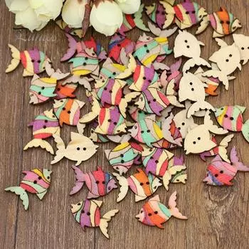 28 мм милые красочные картины с рисунком рыбы пуговицы 2 отверстия деревянная ручка 50 шт./компл.