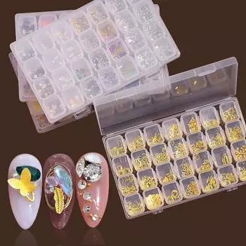 28 сеток для нейл-арта, полукруглые жемчужные заклепки, ракушки, самодельные украшения для нейл-арта, коробка для хранения принадлежностей для ногтей