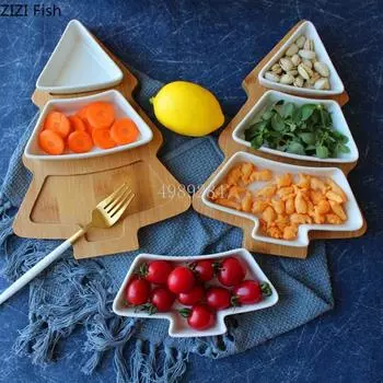 28cm full set ceramic bamboo Christmas tree tray Snack plate fruit bowl dish plate tableware breakfast tray kitchen home supply 28cm