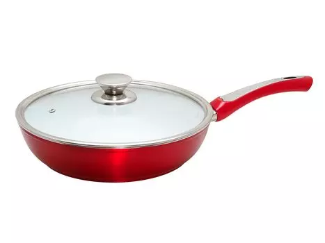 28cm Induction Compatible Frying Pan with Ceramic Shiny Lid 5mm Thick Easy to Clean D&S Double-Layer Coating, Red, Included, PFOA-Free, Non-Stick,