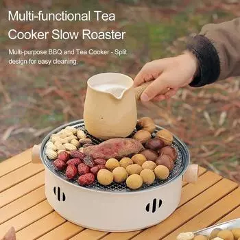 28см(без углерода)Портативная круглая печь для барбекю с решеткой из проволочной сетки, антипригарным противнем, настольным домашним инструментом для кемпинга и барбекю