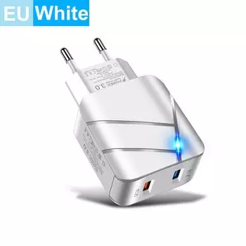28W Lighted QC3.0+2.1A USB Universal QC3.0 Fast Charging Dual USB Port EU Plug Phone Charger Adapter for Samsung Xiaomi iPhone White