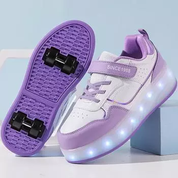 29-38 Детские четырехколесные разборные спортивные туфли на плоской подошве, светодиодные блестящие детские светящиеся кроссовки 29 белый