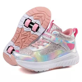29-38 Девочки Четырехколесные Спортивные Туфли Детские Съемные Туфли Плоские Туфли двойного назначения Мальчики Коньки Обувь 31 разноцветный/розовый