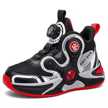 29-39 Детские баскетбольные кроссовки больших размеров с вращающейся пряжкой, модные, сетчатые, высокие, спортивная и повседневная обувь 29 чёрный/оранжевый