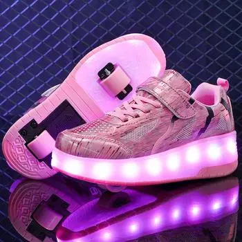 29-40 Детские двухколесные кроссовки с зарядкой через USB, светодиодная спортивная обувь для катания на роликовых коньках, коньки для девочек 29 розовый
