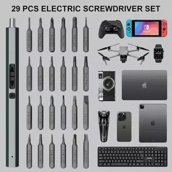29 in 1 Precision Electric Screwdriver Set Cordless Repair Tool Kit LED with 24 Magnetic Bits for Phone Camera Watch Glasses PC