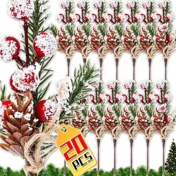 2/20 шт. рождественские шишки ветки искусственные сосновые ветки красные ягоды ветка DIY рождественский венок рождественское украшение для елки поставка