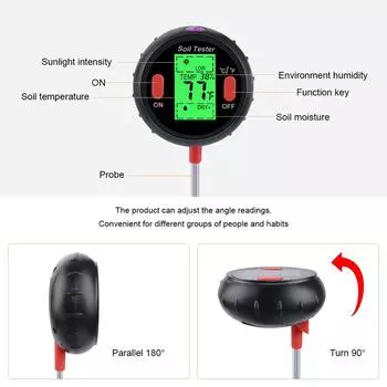 2/3/4/5 в 1 Измеритель pH почвы Тестер почвы Измеритель влажности цветов Анализатор температуры Интенсивности солнечного света Кислотность Садовый инструмент