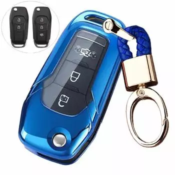 2 3 Button Soft TPU Flip Remote Key Fob Case Cover for 2015 2016 2017 2018 2019 FORD F150 F250 FOCUS 3 (Blue)