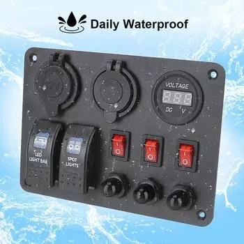 2+3 Gang Rocker Switch Panel Car Marine RV Circuit LED Breaker Dual USB Ports With Overload Protector Digital Voltmeter синий