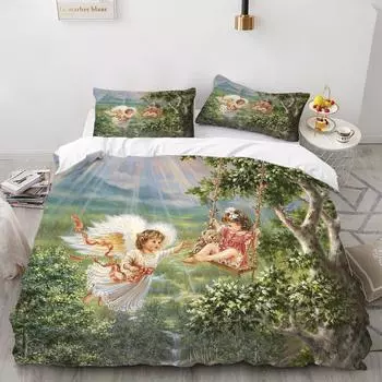 2/3 Pieces Angel Oil Painting Bedding Set Ancient Art Duvet Cover Cartoon Warm Bed Quilt Cover Kids Bedroom Bed Cover Set Green 70x133cm 2pcs